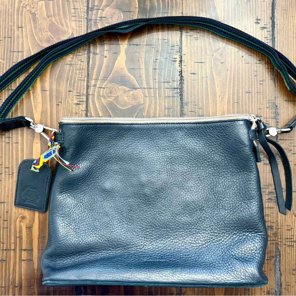 Consuela Evie Black Leather Downtown Crossbody Bag with Multicolor Strap